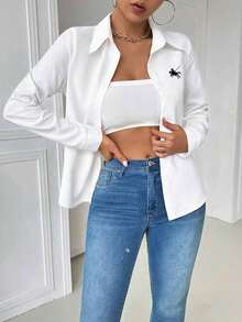 Blusa blanca casual con cuello y bolsillo, de manga larga ajustada para mujeres - Blanco 6 - Ver 4