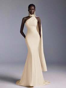 Vestido largo de sirena con espalda abierta y ajustado, de estilo minimalista, adecuado para asistir a fiestas formales, reuniones y galas formales de damas - Albaricoque - Ver 2