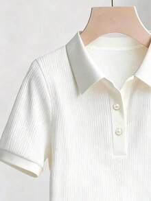 Camisetas de manga corta de unicolor casual para mujer - Blanco - Ver 3