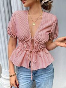 Blusa de mujer con manga corta, volantes y lazo en el bajo, de estilo casual y sexy para vacaciones - Multicolor - Ver 4