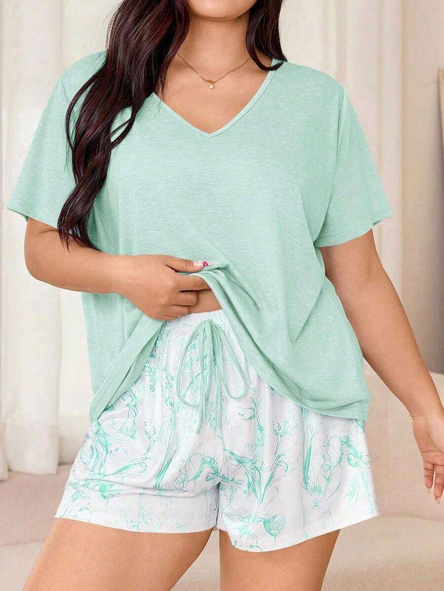Miss Vinta Women's Plus Size 2-Piece Pajama Set With Short-Sleeve V-Neck Top And Floral Print Shorts. Comfortable Summer Pajama Set For Women With Shorts And Top, Summer Loungewear - 綠色的 - 查看 1
