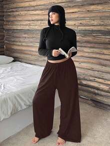 Plus Size Women's Straight Leg Pajama Pants With Elastic Waist And Drawstring, Solid Color Lounge Pants For Autumn And Winter - 棕色 - 查看 7