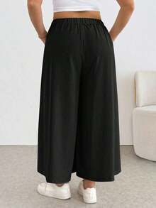 Pantalones/faldas cortas plisadas de cintura elástica, cómodos y sueltos, de estilo básico y versátil, para uso diario, que estilizan la figura, en color albaricoque, para mujeres de talla grande, para primavera/verano - Negro - Ver 9