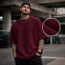 Premium Textured Oversized T-Shirt, Waffle Knit. - Maroon - View 1