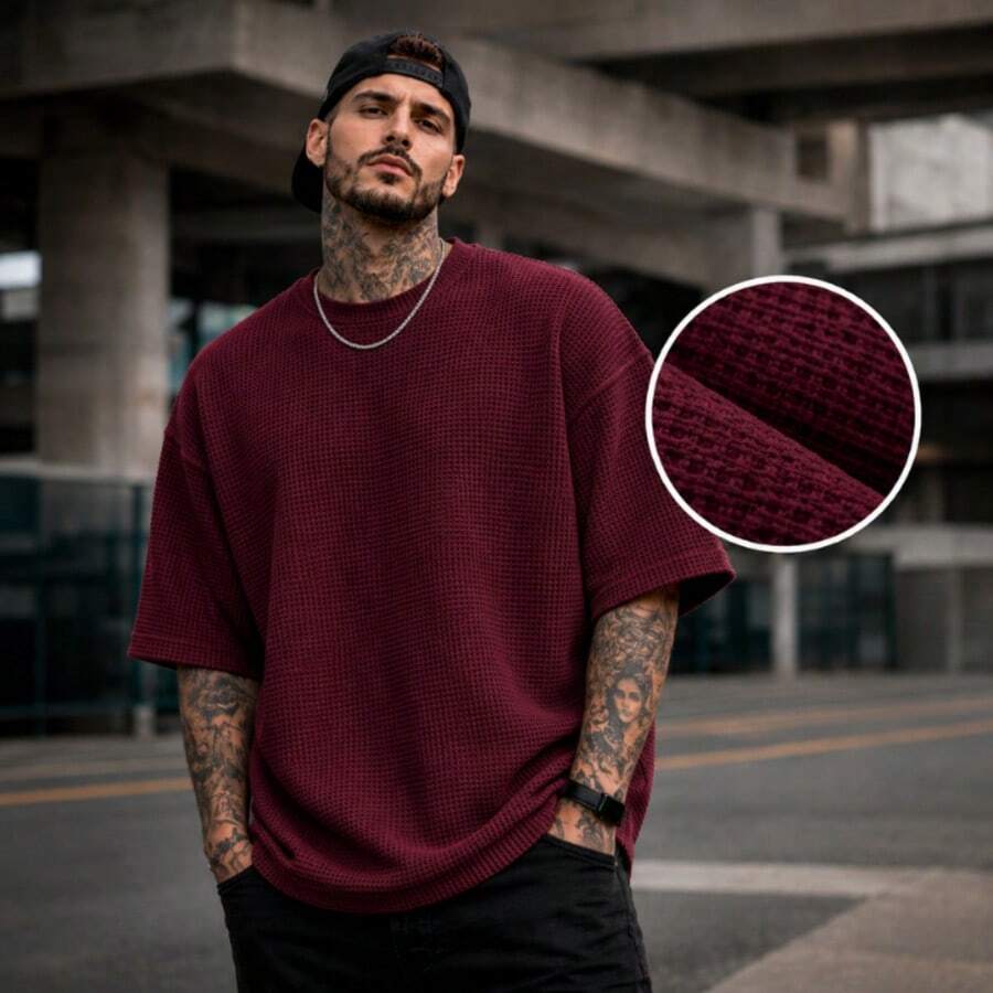 Premium Textured Oversized T-Shirt, Waffle Knit. - Maroon - View 1