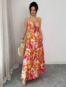 xheElenzga Vestido casual/de trabajo de longitud media sin mangas con estampado que estiliza la línea de la cintura para mujerxhe - Multicolor - Ver 5