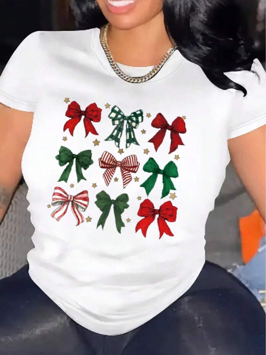Camiseta Casual de Manga Corta para Mujer, 1 pieza, 100% algodón grueso - Cuello redondo cómodo, top suave y bonito - Blanco - Ver 1