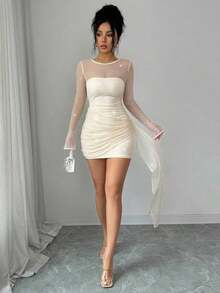 YHHSHEIN Raffinéa Vestido apricot brillante y transparente para mujer, vestido mini ajustado con manga larga, transparente, con volantes verticales, adecuado para fiestas de solteros, fiestas de vacaciones, galas de noche, eventos de boda y otras ocasionesYHH - Albaricoque - Ver 6