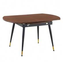 Modern Extendable Dining Table, Transforms From Round To Oval, MDF Tabletop In Black/Walnut With Gold Details, Sturdy Metal Legs, Saves Space In The Kitchen And Dining Room. - Brown - View 7