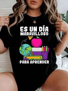 Mexican Basic The Print Features Symbols Of Knowledge Such As A Globe, Books, Pencils, And An Apple, Inspiring A Love Of Learning Every Day On This Comfortable And Stylish 100% Cotton Women's T-Shirt. New Launch - 黑色 - 查看 9