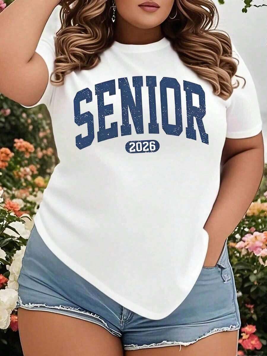 Camiseta GraphicSenior 2026 para Mujer, Talla Grande, Blanca, de Algodón, Regalo para Fiesta de Graduación, Atuendo para Celebración del Último Año Escolar, Ropa Casual de Verano - Blanco - Ver 1