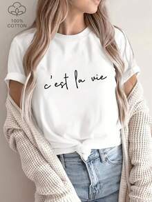 Women's Lightweight Casual T-Shirt - Simple Cursive Print "C'est La Vie", Black Text On White Background, Short Sleeves, Round Neck, Machine Washable, Suitable For Spring And Summer, Women's T-Shirt, Loose Fit, Non-See-Through Fabric, Everyday Casual Wear. - 黑色 - 查看 7