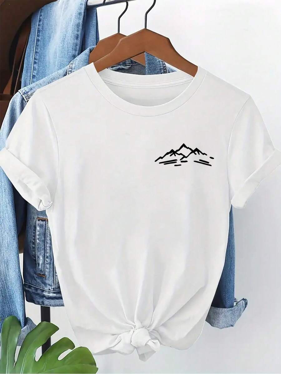 Ropa ligera, transpirable y holgada para mujer, primavera/verano, camiseta con estampado de montaña, cuello redondo, manga corta, top casual de moda, atuendo elegante para fiestas, corte holgado, regalo para vacaciones, diseño divertido, uso diario, ropa para el hogar, conjuntos superpuestos para primavera y otoño. - Blanco - Ver 1
