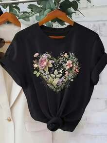 1 Women's Pure Cotton T-Shirt With Letter And Anime Print, Simple Design, Comfortable And Breathable, Suitable For Daily Casual Wear, Showing A Natural And Elegant Style, Must-Have For Summer Parties, Local Shipping, 180g 100% Cotton. - 黑色 - 查看 6