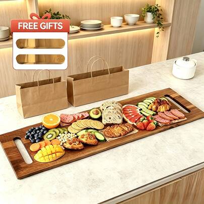 36" X 11" Extra Long Wooden Serving Board With Handles & 2 Display Bases, Rectangular Charcuterie Board For Parties & Easter Gifts & Camping & Wedding Gathering, Multi-Functional Serving Platter For Bread, Meat & Fruit, High-End Kitchen Gift