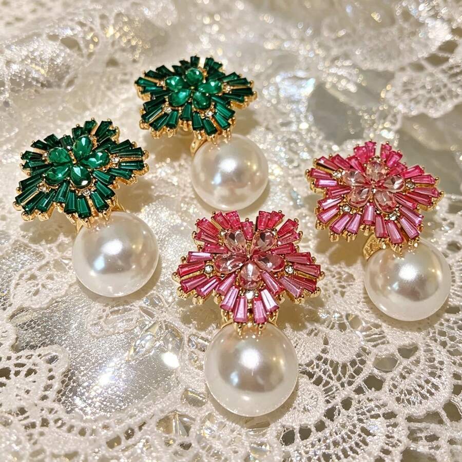 一对雪花仿珍珠耳环,优雅的绿色花朵耳环,精致高贵,适合正式场合,可作为女士生日或周年纪念礼物。 - 耳環 - 查看 1