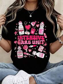 Camiseta Gráfica de la Unidad de Cuidados Intensivos con Diseño de Temática Médica y de Amor para Mujer, con Estampado de Corazón Rosa, Estetoscopio, Pastillas y Medicamentos, Estilo Casual. - Negro - Ver 2