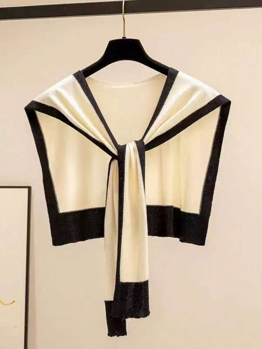 双色针织披肩 时尚外搭小披肩 轻薄百搭 女士单肩披肩 适合春夏穿着 - 米色 - 查看 1