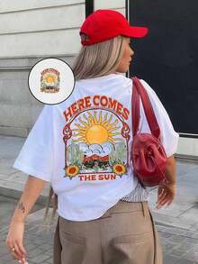 Women's Casual Loose Fit T-Shirt With "Here Comes The Sun" Print, Breathable And Comfortable, Short Sleeve, Round Neck, Retro Desert Sun And Cactus Print, Soft Cotton, Perfect For Everyday Wear And Urban Boho Style - 白色 - 查看 6