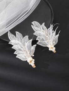 2pcs Handmade Braided Faux Pearl Hair Clips, Elegant Bridal Wedding Accessories,Hair Barrettes,Hair Claws - White - View 4