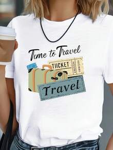 1 Piece Of Comfortable Women's Travel Time T-Shirt | Round Neck, Short Sleeve, Casual, Fabric, Regular Length, Machine Washable, Seasonal Style Suitable For All Combinations, Suitable For All Seasons, Christmas, Easter, Halloween, Thanksgiving, Etc. 180g 100% Cotton. - 白色 - 查看 1