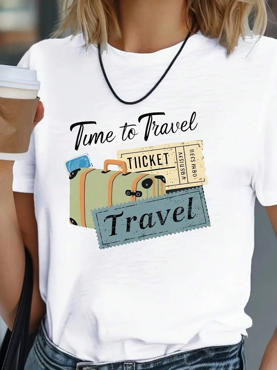 1 Piece Of Comfortable Women's Travel Time T-Shirt | Round Neck, Short Sleeve, Casual, Fabric, Regular Length, Machine Washable, Seasonal Style Suitable For All Combinations, Suitable For All Seasons, Christmas, Easter, Halloween, Thanksgiving, Etc. 180g 100% Cotton. - 白色 - 查看 1