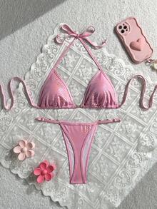 Snake Skin Print Backless Lace-Up Swimwear, Sexy Backless Thong Bikini For Beach Holiday, Summer Vacation - Hot Pink - View 2