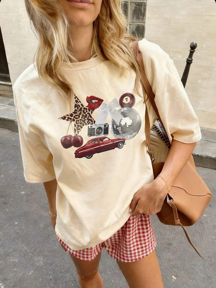 Women's Short-Sleeved T-Shirt With A Round Neck, Featuring A Graphic Print Combining Retro Elements. Its Casual Urban Style Is Suitable For Everyday Wear, Casual Outings, Weekends, And Vacations, Making It Ideal For Spring And Summer. Domestic Shipping Available In Mexico. - 杏色 - 查看 1