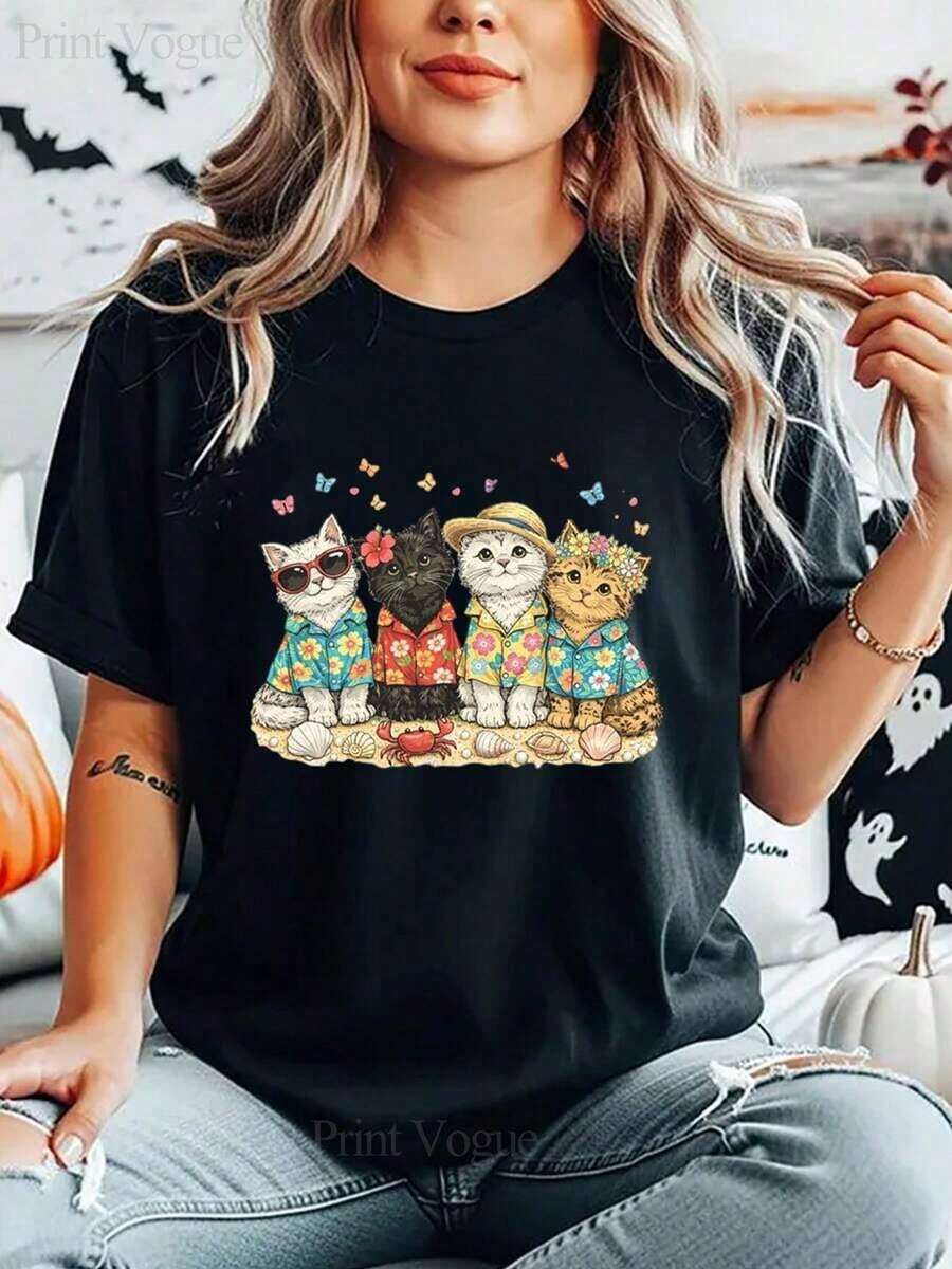 New Women's Summer Casual Shirt With Prints And Patterns, Ideal For Vacation. This Unisex Crew Neck T-Shirt Is Breathable And Comfortable, Making It A Loose-Fitting, Short-Sleeved, Urban Vintage-Style Cotton Tee. - 黑色 - 查看 1