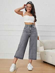 Jeans de pierna ancha recortado - Gris Claro - Ver 7