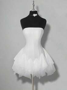 ICON Vestido mini de mujer con parches de malla blanca y ballenas - Blanco - Ver 5
