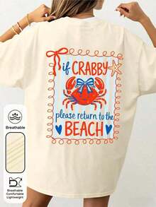 Women's 100% Cotton Graphic Graphic T-Shirt With Double Print "If I'm In A Bad Mood, Please Go Back To The Beach" And "Salty", Casual And Oversized Summer Style | Summer Clothes | Holiday Outfits Pure Cotton T-Shirt 100% Cotton 100% Cotton - 杏子 3 - 查看 4