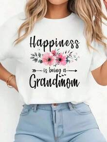 Happiness Is Being A Grandmother, Mother's Day Gift T-Shirt, Printed T-Shirt, Casual Round Neck T-Shirt, Short Sleeve, Comfortable, For Spring And Summer, Women's Clothing. - 白色 - 查看 1