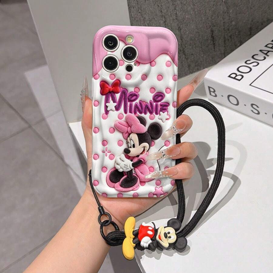 This Disney Mickey Mouse Lanyard Phone Case Is Fully Covered In TPU Material. It's Shockproof, Lightweight, And Compatible With IPhone17/16/11/13/15/15 Plus/15 Pro/15 Pro Max/12/14 Pro Max/11 Pro Max/12 Pro/12 Pro Max/13. This Phone Case Makes A Popular Birthday Gift Or Business Gift; It's Durable, Stain- And Fingerprint Resistant, And Suitable For Both Men And Women. The Set Also Includes A Mickey Mouse Phone Case And A Mickey Mouse Plush Bracelet. It's A Perfect Gift For Friends And Family. This Stylish Phone Case Is Fun, Lightweight, And Durable. IPhone17 Pro Max Phone Case, Minnie Mouse Phone Case. - White - View 1