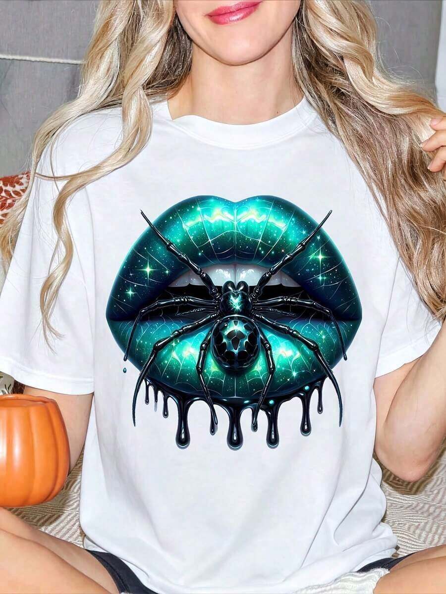 Women's T-Shirt With Spider Print On Glossy Lips, Perfect For Summer, Regular Fit And Round Neck, Casual T-Shirt, Everyday T-Shirt, Vacation T-Shirt, Sports T-Shirt, Women's Clothing - 白色 - 查看 1