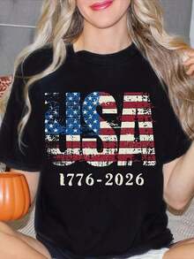 United States 250th Anniversary Commemorative T-Shirt, American Flag Design, Casual Crew Neck, Short Sleeve, Commemorative Gifts For The 250th Anniversary Of The Founding Of The United States, Independence Day Commemorative T-Shirts, Unisex Solid Color T-Shirts For The 4th Of July. - 黑色 - 查看 6