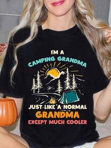 Women's Crew Neck T-Shirt With Granny Print, Ideal For Summer Outdoor Camping, A Perfect Gift For Grandmothers, Suitable For Summer And Autumn Celebrations, An Ideal Gift For Patriots And Independence Day, And A Great Gift For Friends And Family. - 黑色 - 查看 6