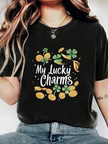 Women's Round Neck T-Shirt With  Green Clover Print - Casual Polyester Knit Crew Neck T-Shirt - Lightweight And Breathable For Everyday Wear. These Prime Round Neck Printed Short Sleeve Casual Everyday T-Shirts Are Excellent Gifts For Friends And Family. Made Of 100% Cotton, They Feature A Youthful And Fashionable Design. - 黑色 - 查看 6