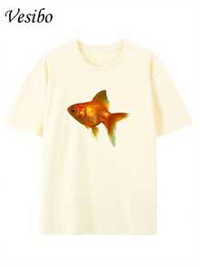 Creative And Fun T-Shirt With Round Neck And Graphic Design, Made Of Pure Fabric, Modern And Stylish For Summer, Perfect For Casual Everyday Wear - 杏 - 查看 1