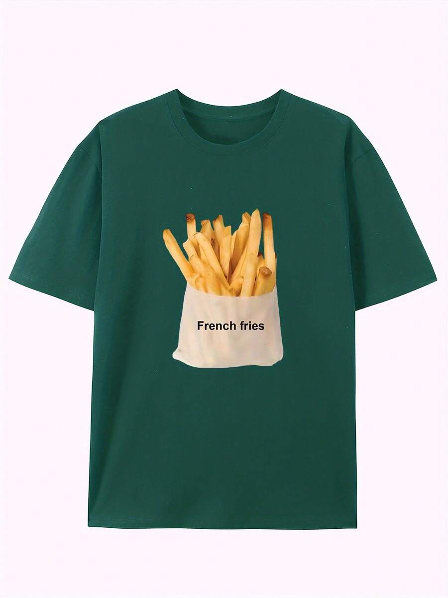 Men's Cotton T-Shirt With Vintage Style And Creative French Fries Print - Casual Round Neck, Short Sleeve For Summer - Dark Green - View 1