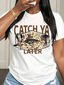 Women's Cotton T-Shirts Catch Ya Later Fishing Lure Camo Design T-Shirt For Women Outdoor Adventure Casual Wear Basic Blouses For Women - 白色 - 查看 1