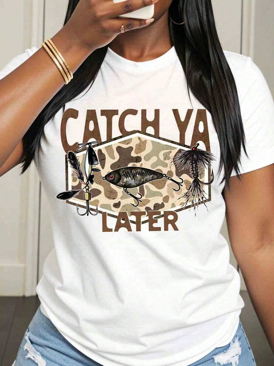 Women's Cotton T-Shirts Catch Ya Later Fishing Lure Camo Design T-Shirt For Women Outdoor Adventure Casual Wear Basic Blouses For Women - 白色 - 查看 1