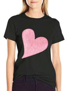 Women's Cotton T-Shirts - Women's Boho Chic Short Sleeve Graphic T-Shirt - Round Neck Blouse With Black And Pink Heart Print, Casual Chic Top For All Seasons, Machine Washable For Daily Wear And Special Occasions, Versatile Clothing, Artistic Design, Soft Material, Elegant Shirt, For Fashion Lovers, Shirt, Comfortable Material, Printed Blouse, Fashionable Basic Blouses For Women. - 黑色 - 查看 3