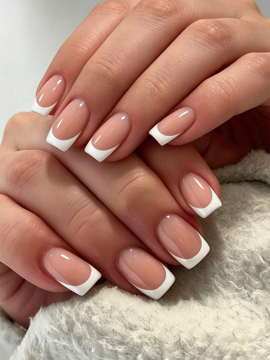 24pcs Short Square Minimalist Nude Color Nail Stickers, White French Manicure Stickers, Full Coverage Fake Nails Suitable For Women & Girls, Summer Party Office Daily Wear, Includes 1 Adhesive Sheet & 1 Mini Nail File, Random Jelly Gel - White - View 1