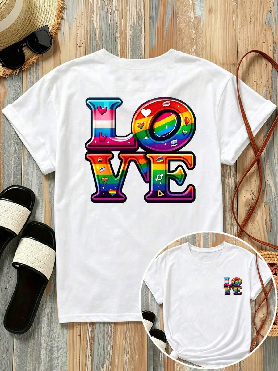 New 180g Short-Sleeved T-Shirt, 1% Cotton, With Front And Back Prints - LOVE, Deíris Elements - Fashionable Printed T-Shirt For Women, Short-Sleeved, Suitable For All Seasons, Modern Clothing - Can Be Worn As A Base Layer In Spring And Autumn Or Alone In Summer, Unisex. - 白色 - 查看 1