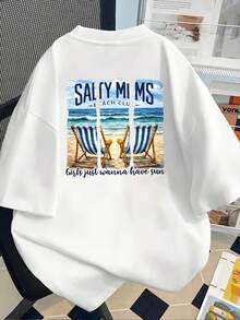 New 180g Short-Sleeved T-Shirt, 1% Cotton, With Front And Back Prints - SALTY MUMS Beach Club, Striped Beach Chair - Fashionable Printed T-Shirt For Women, Short-Sleeved, Suitable For All Seasons,  Clothing - Can Be Worn As A Base Layer In Spring And Autumn Or Alone In Summer, Unisex. - 白色 - 查看 2