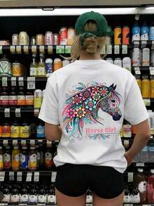 1 Piece Women's Short Sleeve Crew Neck T-Shirt, Loose Fit For Summer, With Floral And Cartoon Horse Head Print, Suitable For Vacation, Office, Outings, Daily Wear, Dates, Parties, Meetings, Street, Carnival, Music Festivals, Valentine's Day, Casual Occasions, Comfortable Cotton T-Shirt, White - 白色的 - 查看 8