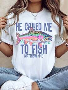 Women's Cotton T-Shirts, Christian Fishing T-Shirt "He Called Me To Fish" Matthew 4:19 For Women, Religious Bible Verse T-Shirt, Outdoor Adventure Gift For Fishermen And Devout Christians, Women's Basic Blouses - 白色 - 查看 1