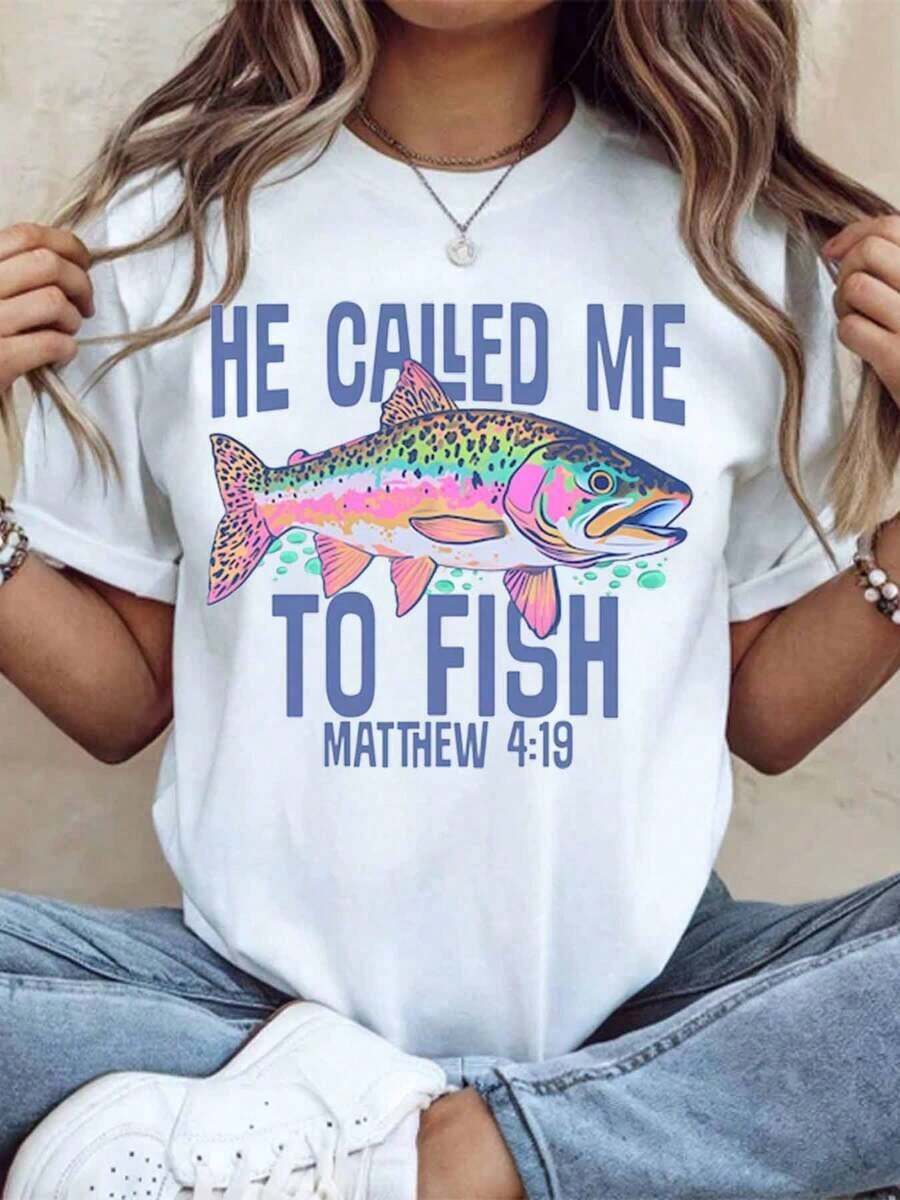 Women's Cotton T-Shirts, Christian Fishing T-Shirt "He Called Me To Fish" Matthew 4:19 For Women, Religious Bible Verse T-Shirt, Outdoor Adventure Gift For Fishermen And Devout Christians, Women's Basic Blouses - 白色 - 查看 1