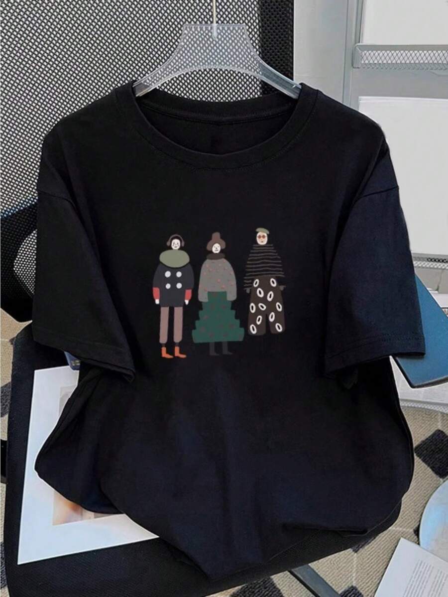 Women's Loose Fit Short Sleeve T-Shirt By SimpieAndVersatileDesign - Breathable Casual Crew Neck T-Shirt With Cartoon Print, Machine Washable For Year-Round Comfort, Simple Design For Everyday Wear, Women's Comfortable T-Shirt With Fun Print, Simple Style, Cotton T-Shirt. - 黑色 - 查看 1